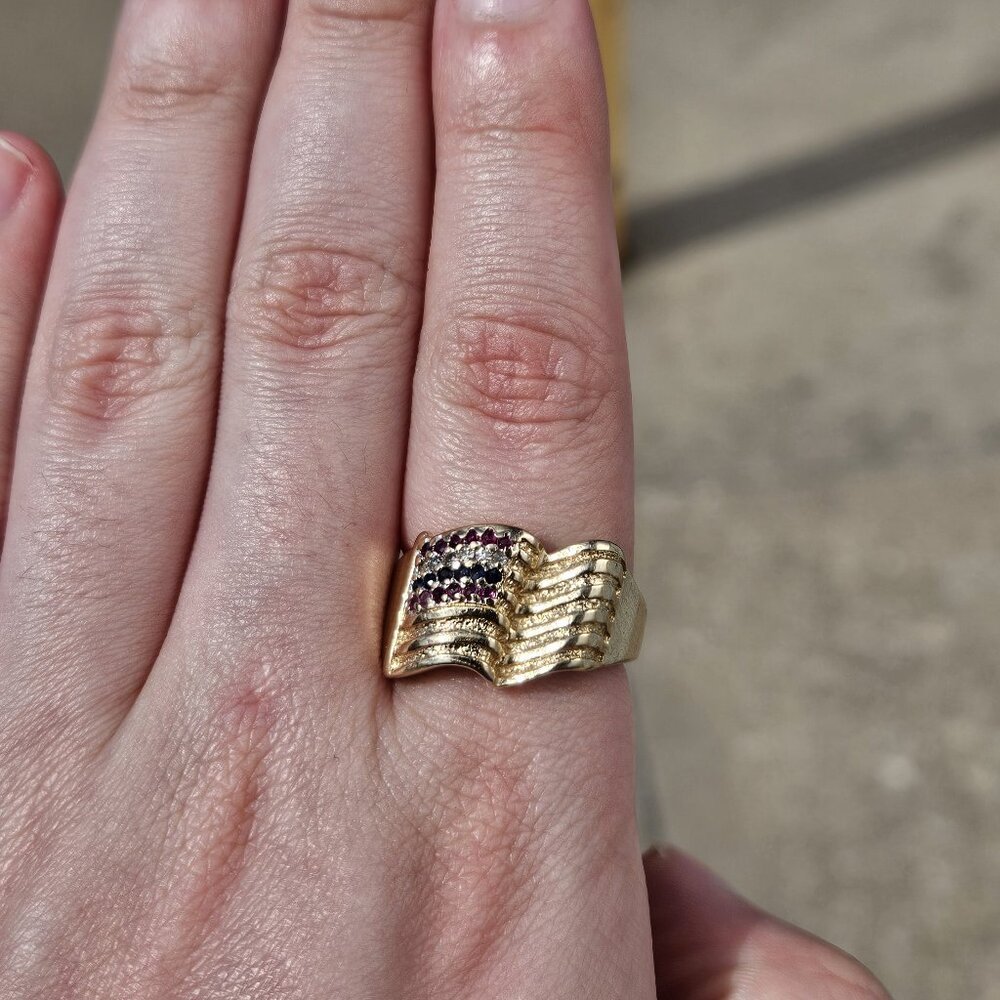 10K American Flag 🇺🇸 Yellow Gold Wide Band Sapphire Ruby Diamond Ring Size 9.5